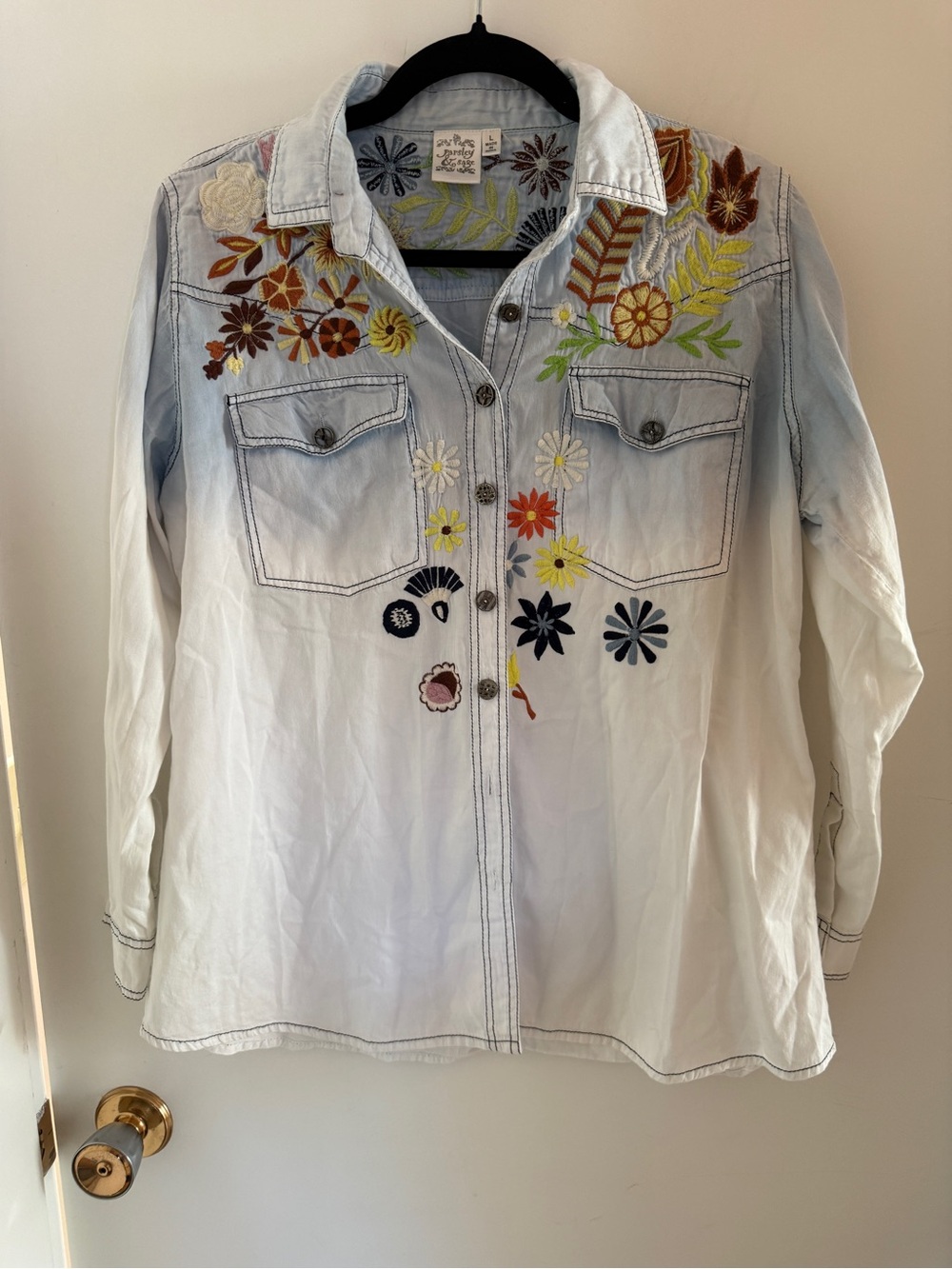 Parsley & Sage Embroidered Floral Cotton Button Up Shirt Large Boho Art to Wear